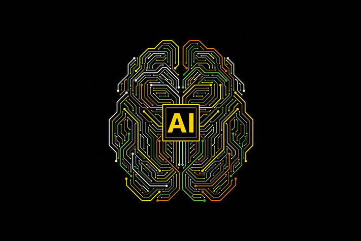 Circuit‑style brain graphic with central AI icon, symbolizing learning, neural networks, and AI basics.