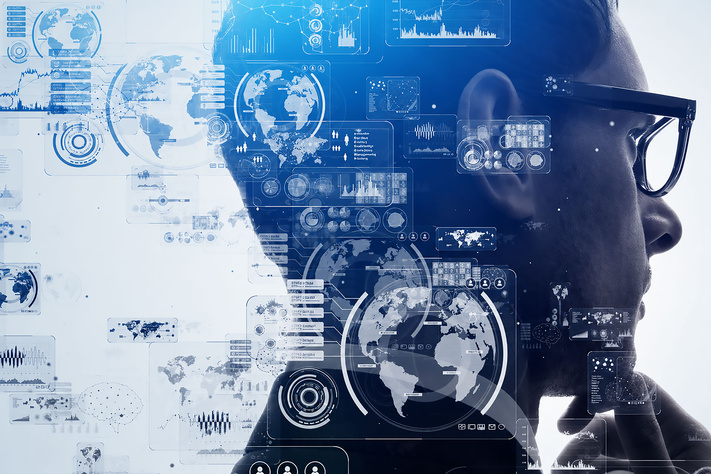 Profile of a person with glasses overlaid with digital dashboards, charts, and global data visuals.