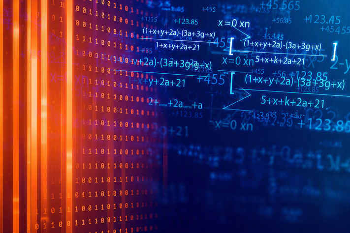 Abstract AI background with binary code, math formulas, charts, and neural network diagram.