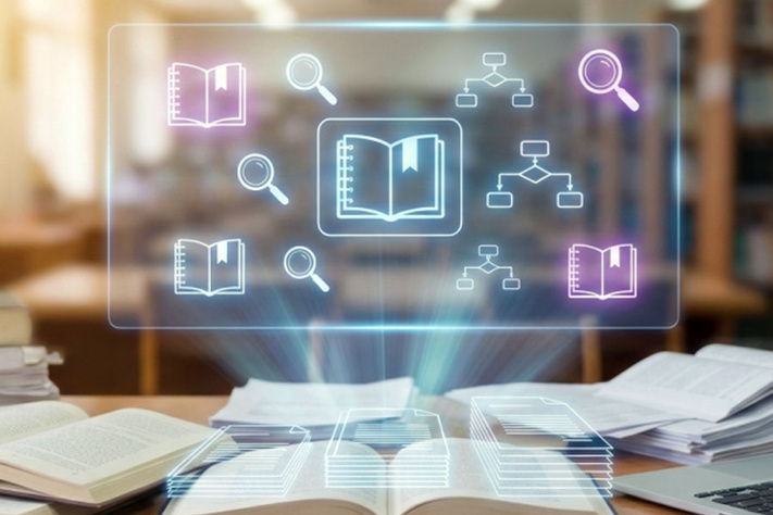 AI-powered research workspace with books, laptop and digital knowledge maps in a library setting.