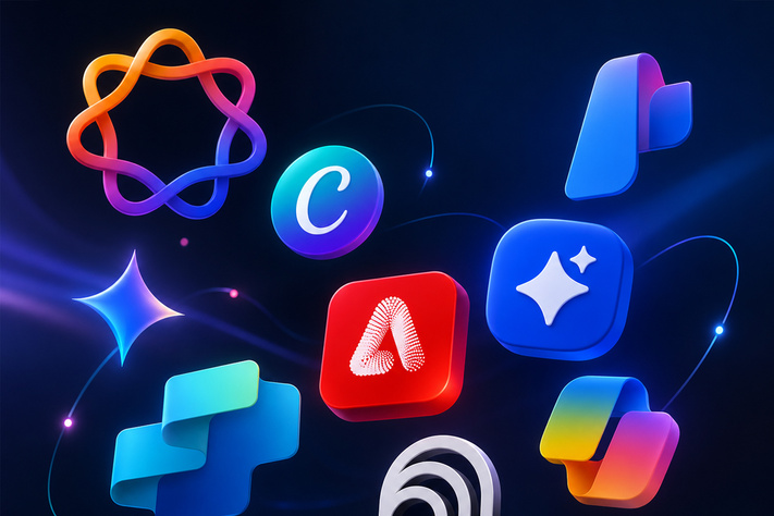 Collage of popular AI tool logos arranged in a modern floating layout on a dark, futuristic background.