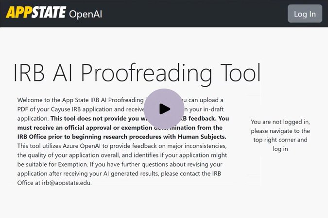 Video thumbnail introducing the App State IRB AI Proofreading Tool for reviewing IRB applications.
