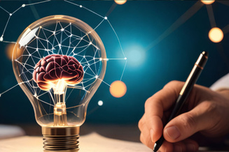 Conceptual illustration of artificial intelligence featuring a brain inside a light bulb connected by digital network lines, with a hand writing notes nearby.