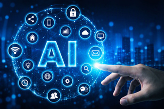 Glowing AI network sphere with connected technology icons and a hand touching the interface.