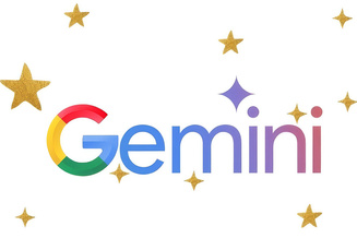 Google Gemini logo surrounded by gold stars on a white background.