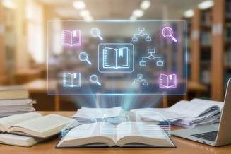 Library workspace with books, laptop, and digital icons representing AI-powered learning and research.