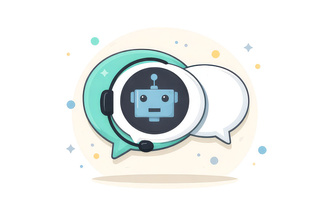 AI chatbot icon inside speech bubbles representing AI learning, support and conversation.