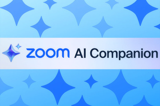 ZOOM web conferencing's blue all caps logo with their signature 3 stars icon depicting AI Companion, the new AI addition to the platform.