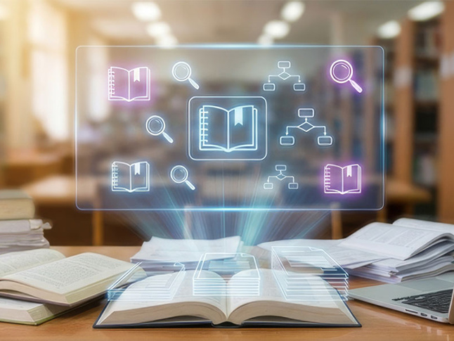 Library workspace with books, laptop, and digital icons representing AI-powered learning and research.